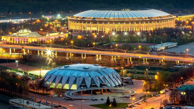 Russia Night view of Luzhniki Stadium from Russian Academy of Sciences building Moscow