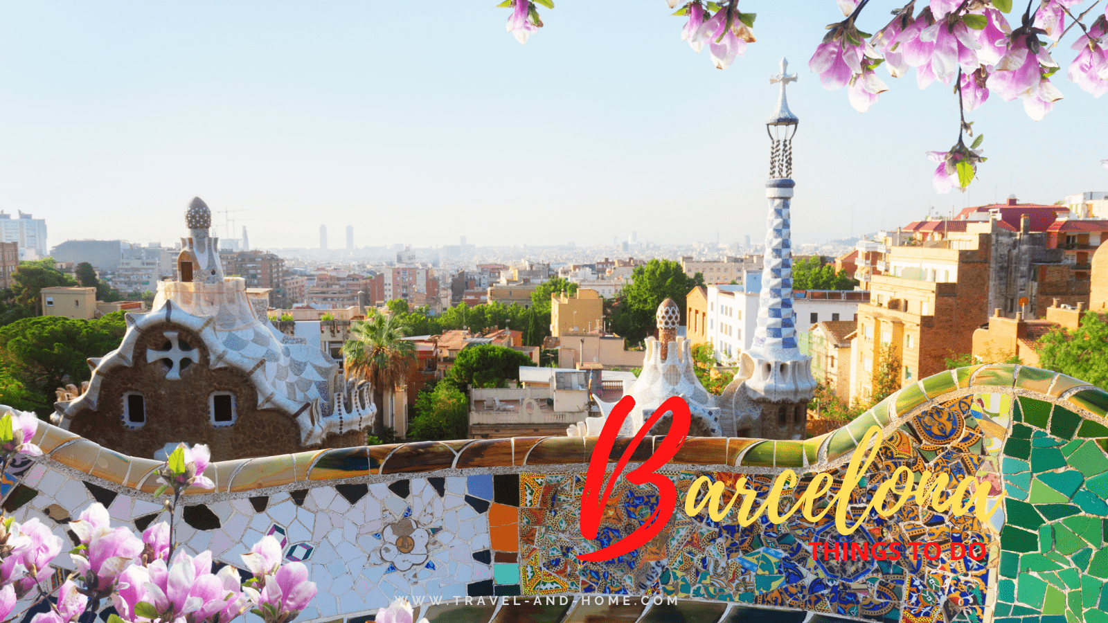 Gaudi bench and cityscape of Barcelona from park Guell Spain min