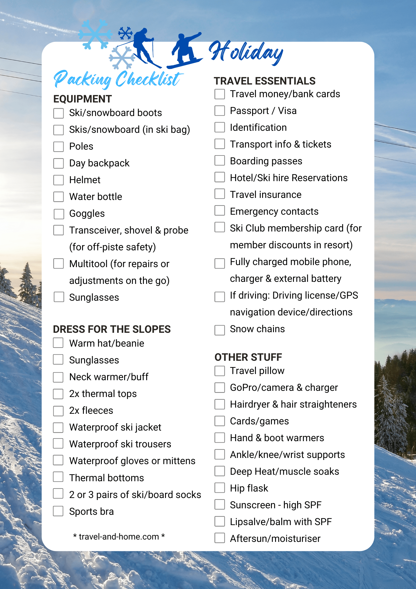 Packing list for winter ski snowboard holiday