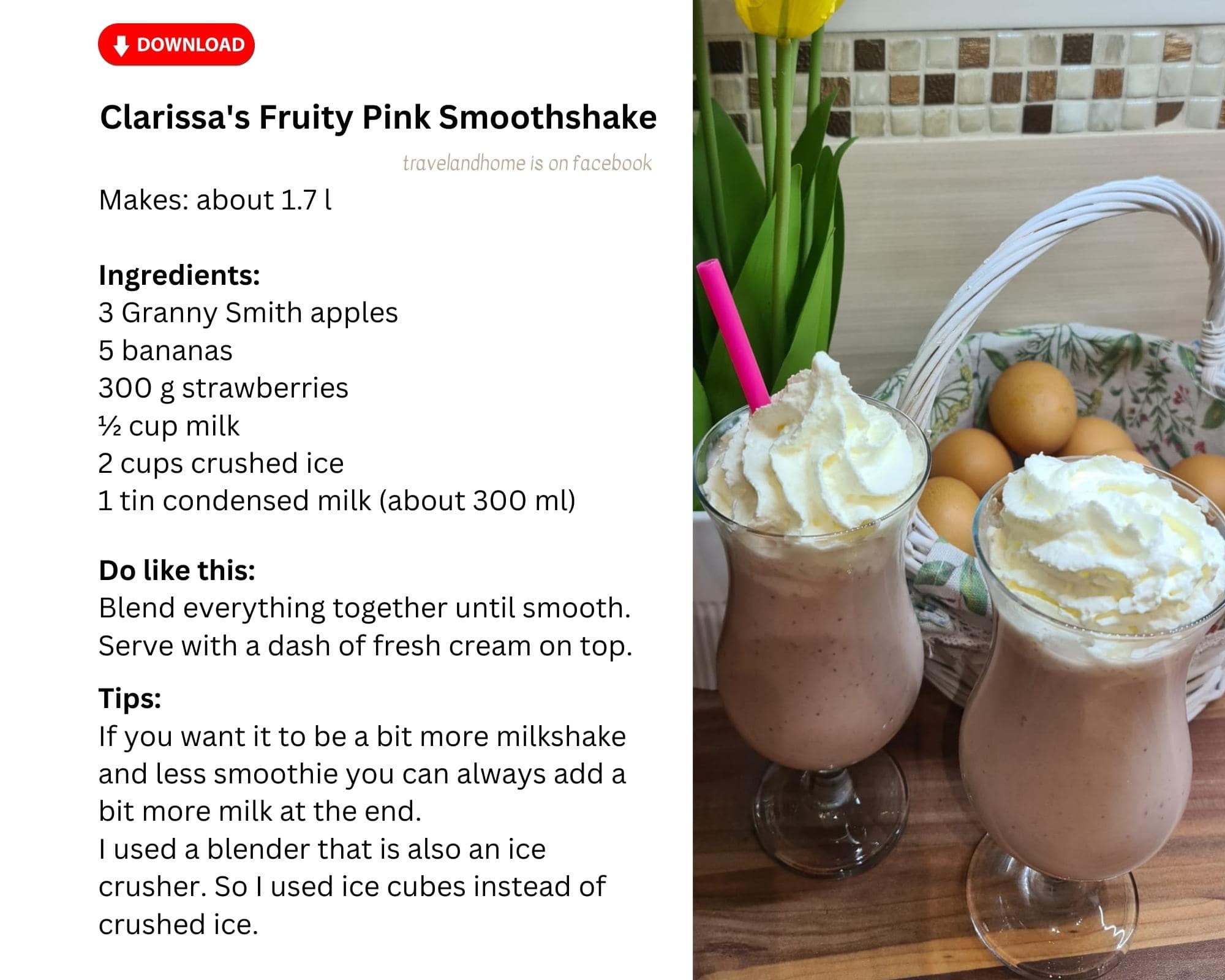 Clarissas Fruity Pink Smoothshake recipe card travelandhome milkshake smoothie min