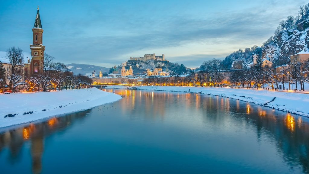 austria travel and home Salzburg with Salzach river in winter during blue hour Salzburger Land Illumination Snow